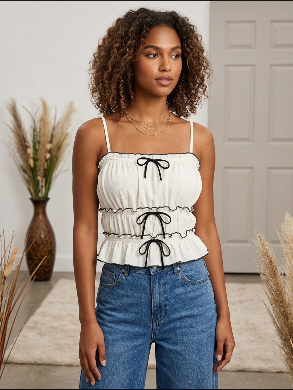 Cream Smocked Ruffle Cami with Contrast Trim - Unbranded
